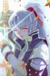  1boy commentary_request fire_emblem fire_emblem_fates gauntlets gloves katana leaf long_hair male_focus open_mouth ponytail red_eyes solo sword takumi_(fire_emblem) tokino_hitonatsu weapon white_hair 