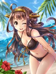  ;d ahoge alternate_costume beach bikini black_bikini black_eyes blush breasts brown_hair cleavage commentary_request day double_bun female flower front-tie_top hair_bun hairband hibiscus kantai_collection kobanzame kongou_(kancolle) long_hair medium_breasts navel one_eye_closed open_mouth outdoors ribbon-trimmed_swimsuit ribbon_trim smile solo swimsuit 