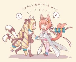  2girls animal_ears armor blonde_hair blush cape cat_ears cat_tail chibi closed_eyes commentary_request earrings elise_(fire_emblem) fire_emblem fire_emblem_fates fire_emblem_heroes full_body gloves hairband halloween hira_(otemoto84) japanese_clothes jewelry kimono long_hair multiple_girls multiple_tails nekomata pink_hair red_hair sakura_(fire_emblem) sakura_(halloween)_(fire_emblem) short_hair single_earring smile tail twintails two_tails 