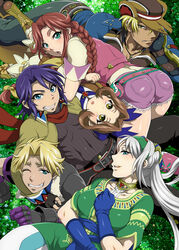  3boys 3girls ass avril_vent_fleur blue_gloves blue_hair boots breasts brown_hair carol_anderson chuck_preston commentary_request dean_stark gloves grass green_eyes green_hairband greg_russellberg hairband long_hair lying medium_breasts multicolored_hair multiple_boys multiple_girls oerba_yun_fang on_back on_stomach one_eye_closed pink_vest rebecca_streisand red_scarf scarf shorts tokimachi_eisei two-tone_hair vest white_hair wild_arms wild_arms_5 