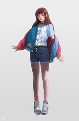  blue_shorts brown_hair casual choker commentary d.va_(overwatch) denim denim_shorts english_commentary facial_mark female full_body highres jacket looking_at_viewer mynare off_shoulder overwatch overwatch_1 shoes shorts sneakers socks solo whisker_markings 