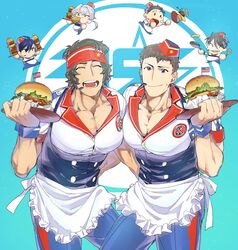  6+boys adapted_costume akuno_hideo american_flag aniki_(chaji1129) apron arm_around_waist bad_id bad_twitter_id badge blue_background blue_hair brown_hair burger burger_skater_(idolmaster) chibi eating employee_uniform enjoji_michiru flag food frame_(idolmaster) frying_pan gradient_background green_eyes grey_hair headband highres idolmaster idolmaster_side-m kimura_ryu kizaki_ren male_focus microphone mini_flag multiple_boys muscular pants paper_hat pectoral_cleavage pectorals plate ponytail purple_eyes red_eyes shingen_seiji simple_background smile spatula taiga_takeru the_kogado_(idolmaster) tripping underbust uniform waiter waitress yellow_eyes 