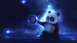  16:9 abstract_art ambiguous_gender anthro apofiss bear blue_and_white bubble drop giant_panda hi_res mammal monochrome sitting solo surprise water widescreen young young_ambiguous young_anthro 