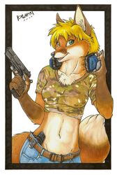  2009 canid canine clarissa female fox green_eyes gun handgun kalahari mammal midriff pistol ranged_weapon smile solo weapon young 