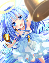  :d angel angel_wings bell bell_earrings bellringer_angel blue_eyes blue_hair blush commentary_request dress earrings female foreshortening hair_ornament hairclip halo highres jewelry long_hair open_mouth shadowverse smile solo standing standing_on_one_leg walkure wings 