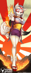  2009 amaterasu_(okami) armwear avoid_posting big_breasts bottomwear breasts canid canine canis capcom clothing clover_studio conditional_dnp deity detached_sleeves ear_tuft facial_markings female fur hair half-closed_eyes head_markings mammal markings miniskirt narrowed_eyes okami_(capcom) red_eyes skirt solo tailsrulz tattoo tuft wolf 