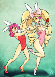  2girls alternate_costume animal_ears bare_legs blonde_hair bow bowtie breasts chocolate detached_collar drill_hair eating eyepatch fake_animal_ears flat_chest food food_on_face hairbow harime_nui high_heels jakuzure_nonon kill_la_kill long_hair multiple_girls my_pet_tentacle_monster pink_eyes pink_hair playboy_bunny pushing_away pushing_face rabbit_ears small_breasts twin_drills wrist_cuffs 