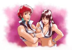  2girls absurdres breasts cleavage commentary_request crop_top dirty_pair dirty_pair_(novels) earrings highres jewelry kei_(dirty_pair_novels) long_hair medium_breasts midriff multiple_girls red_hair short_hair sleeveless teikoku_jokyoku yuri_(dirty_pair_novels) 