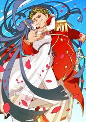  1boy akao_ppai blue_hair brown_hair cleopatra_(fate) cleopatra_(third_ascension)_(fate) commentary_request couple dress fat fat_man fate/grand_order fate_(series) female gaius_julius_caesar_(fate) kissing kissing_cheek laurel_crown long_hair petals see-through straight 