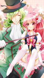  1boy aino_megumi boots bow brooch character_name commentary_request cure_lovely english_text female green_hair hair_ornament happinesscharge_precure! hat heart heart_brooch heart_hair_ornament highres jewelry light_green_hair long_hair magical_girl namakeruda pink_bow pink_eyes pink_hair pink_skirt precure puffy_sleeves ribbon shirt skirt straight thigh_boots thighhighs top_hat vest white_legwear wide_ponytail wrist_cuffs yellow_eyes yutsuchi 