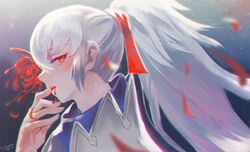  1boy commentary_request fire_emblem fire_emblem_fates flower long_hair male_focus open_mouth petals ponytail red_eyes solo spider_lily takumi_(fire_emblem) tokino_hitonatsu white_hair 