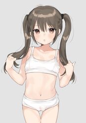  bad_id bad_pixiv_id blush bra brown_eyes brown_hair cameltoe collarbone commentary female flat_chest grey_background hair_between_eyes hands_up highres lips little_mare long_hair looking_at_viewer navel original panties parted_lips petite sidelocks simple_background solo training_bra tsurime twintails underwear underwear_only white_bra white_panties 