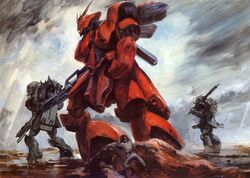  1boy absurdres battle beam_machinegun boots char&#039;s_counterattack cloud cloudy_sky energy_gun geara_doga gun gundam helmet highres mecha military military_uniform mobile_suit_gundam mud outdoors panzerfaust robot sazabi science_fiction shield sky suemi_jun sunlight texture thrusters uniform v-fin weapon 