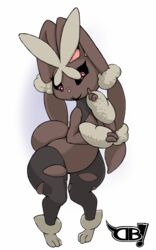  5:8 ambiguous_gender anthro black_sclera brown_body brown_fur darkboss eyelashes fur generation_6_pokemon hi_res lagomorph mammal mega_evolution mega_lopunny nintendo pink_eyes pokemon pokemon_(species) pseudo_clothing simple_background smile solo white_background wide_hips 