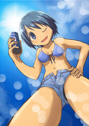  ;d bikini blue_eyes blue_hair blue_shorts can commentary_request female from_below holding holding_can looking_at_viewer mahou_shoujo_madoka_magica mahou_shoujo_madoka_magica_(anime) md5_mismatch midriff miki_sayaka navel one_eye_closed open_mouth purple_bikini short_shorts shorts smile solo sun swimsuit yukimura_kaname 