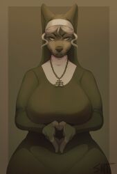  2021 absurd_res anthro bedroom_eyes big_breasts breasts canid canine canis clothed clothing crazybear dobermann domestic_dog fangs female fully_clothed gesture hand_gesture hi_res jewelry looking_at_viewer mammal narrowed_eyes necklace nun nun_outfit pinscher seductive smile solo teeth 