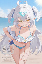  absurdres antenna_hair armpits bare_shoulders beach bikini blue_bikini breasts collarbone designer_lilibet_(epic_seven) epic_seven female frills grin hand_on_own_hip hand_on_own_thigh highres konjou leaning_forward lilibet_(epic_seven) long_hair looking_at_viewer navel outdoors pointy_ears small_breasts smile solo stomach string_bikini swimsuit thighs two_side_up v-shaped_eyebrows very_long_hair white_hair yellow_eyes 