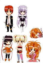  1boy 4girls :d animal_ears animal_print armor asymmetrical_clothes asymmetrical_legwear bare_shoulders bell big_hair black_hair black_legwear blonde_hair blush_stickers bodysuit boots bracelet breasts brown_eyes cat_ears cat_tail chibi choker cleavage closed_eyes crevanille_(growlanser) crop_top cross-laced_footwear dress earrings eliza_mayfield everyone fangs flat_chest formal frayne_(growlanser) full_body fur_trim garter_belt gauntlets green_eyes grey_eyes growlanser growlanser_iv hair_bobbles hair_ornament hair_ribbon hairpods hand_on_own_hip high_heel_boots high_heels highres jewelry jingle_bell large_breasts leona_(growlanser) leopard_print leotard light_purple_hair lips lipstick long_hair lying makeup midriff mismatched_legwear multiple_girls necklace official_art on_side open_mouth orange_hair parted_bangs paw_pose photoshop_(medium) pink_legwear purple_bodysuit red_eyes red_hair regina_(growlanser) ribbon scan sheath sheathed shiny_clothes shirt short_dress short_hair short_shorts short_twintails shorts simple_background sitting sleeping smile standing strapless strapless_dress striped_clothes striped_thighhighs suit sword tail tail_bell tail_ornament tail_ribbon thighhighs twintails uneven_legwear urushihara_satoshi v_arms very_long_hair wariza weapon zzz 