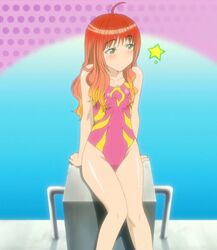  ahoge anime_screenshot blush casual_one-piece_swimsuit diving_block female green_eyes highres kenkou_zenrakei_suieibu_umishou nanako_maaya one-piece_swimsuit reclining red_hair sitting solo star_(symbol) stitched swimsuit third-party_edit 