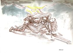  2girls artist_request claymore_(series) closed_eyes curly_hair irene_(claymore) long_hair multiple_girls pointy_ears sketch straight_hair strap sword teresa_(claymore) weapon yuri 