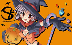  breasts brown_eyes candy candy_cane cleavage earrings female food gloves halloween hat holding holding_food holding_pumpkin holding_vegetable jack-o&#039;-lantern jewelry medium_breasts miyabi_juri navel orange_background original photoshop_(medium) pumpkin purple_hair short_hair smile solo vegetable witch_hat 