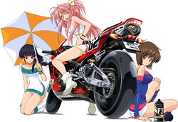  3girls :o ;d absurdres ahoge ankle_boots arm_support back bare_shoulders belt black_hair blue_legwear boots bottle bracelet breasts brown_eyes brown_hair choker crop_top detached_sleeves dress foreshortening from_behind girls_bravo hair_between_eyes hair_ribbon high_heels highres holding honda honda_cbr600rr jewelry knee_boots kneehighs kneeling kojima_kirie koyomi_hare_nanaka large_breasts leaning_forward long_hair looking_back miharu_sena_kanaka motor_vehicle motorcycle multiple_girls one_eye_closed open_mouth panties pantyshot parted_bangs photoshop_(medium) pink_eyes pink_hair profile purple_eyes race_queen ribbon riding shadow shoes short_dress short_hair short_shorts short_twintails shorts side_ponytail side_slit simple_background sitting smile socks straddling studded_belt tank_top tiptoes twintails two_side_up umbrella underwear vector_trace very_long_hair white_legwear white_panties wristband 