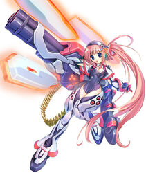  ammunition_belt blue_eyes ein_(long_cake) female flat_chest gadget_trial gun izen_(gadget_trial) long_hair mecha_musume pink_hair ponytail solo very_long_hair weapon 