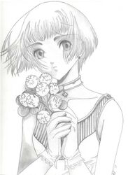  bob_cut clover_(manga) earrings female flower gloves graphite_(medium) greyscale jewelry monochrome parted_lips short_hair sleeveless solo stud_earrings suu_(clover) traditional_media upper_body 