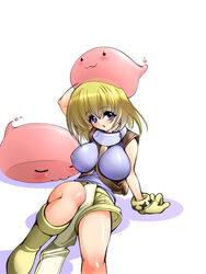  :d arm_up blonde_hair blue_eyes blush boots breasts covered_nipples creature female gloves gunner-l hair_between_eyes huge_breasts looking_at_viewer medium_hair novice_(ragnarok_online) on_head open_mouth poring ragnarok_online shorts simple_background sitting slime_(creature) smile solo white_background yellow_footwear yellow_gloves yellow_shorts 