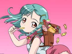  backpack bag bent_over bow braid brown_eyes candy chocolate chocolate_bar female flat_chest food food_in_mouth green_hair hair_ornament hairclip highres holding holding_candy holding_food holding_lollipop limone_(simoun) lollipop negativezero pink_background randoseru simoun single_braid sleeveless solo swirl_lollipop vector_trace wrapped_candy yellow_bow 