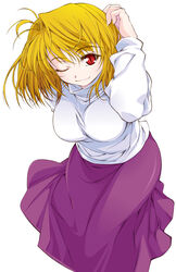  arcueid_brunestud arm_behind_back blonde_hair closed_mouth female hands leaning_forward long_skirt one_eye_closed photoshop_(medium) purple_skirt red_eyes short_hair simple_background skirt slit_pupils smile solo sweater tsukihime turtleneck yamaguchi_homupe 