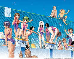  4boys 6+girls ;d ass bent_over blue_sky bottle caustics chain-link_fence competition_swimsuit copyright_notice dark-skinned_male dark_skin day everyone fence goggles goggles_around_neck goggles_on_head green_hair hair_ornament hattori_mitsuru highleg highleg_swimsuit himekawa_kaori ikuta_maki kenkou_zenrakei_suieibu_umishou multiple_boys multiple_girls ninagawa_amuro one-piece_swimsuit one-piece_tan one_eye_closed open_mouth orizuka_momoko outdoors pool poolside shizuoka_mirei sky smile squatting standing starting_block swimsuit tan tanlines thumbs_up towel towel_on_head water_bottle wet x_hair_ornament 