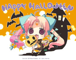  2007 basket bat_(animal) bow candy chibi copyright_request facial_mark female food forehead_mark hairbow halloween happy_halloween jack-o&#039;-lantern long_hair no_nose orange_background pink_hair pumpkin purple_eyes skirt smile solo takamura_masaya twintails 