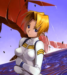  blonde_hair blue_eyes bodysuit electra_(nadia) female fushigi_no_umi_no_nadia satou_toshiyuki short_hair solo uniform water white_bodysuit 