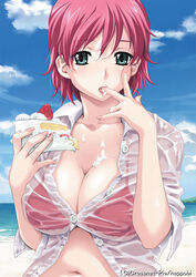  bikini bikini_top_only bikini_under_clothes breasts cake cleavage collarbone cream doily female fingernails food fruit green_eyes happoubi_jin iihara_nao large_breasts licking licking_finger lips navel pastry pink_hair resort_boin shirt short_hair sleeves_pushed_up solo strawberry sweat swimsuit tongue unbuttoned wet wet_clothes 