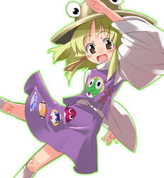  animal_print arms_up belt blonde_hair brown_eyes dororo_(keroro_gunsou) dress extra_eyes female frog_print gengorou giroro hat keroro keroro_gunsou kururu_(keroro_gunsou) long_sleeves looking_at_viewer moriya_suwako purple_dress short_hair simple_background solo sweater tamama touhou white_background 