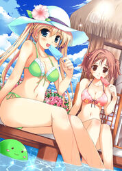  2girls aqua_eyes bikini blonde_hair blue_eyes blush breasts brown_eyes brown_hair cleavage cloud day dutch_angle floral_print flower food food-themed_hair_ornament hair_ornament hairpin happiness! hat hibiscus hiiragi_anri ice_cream kamisaka_haruhi ko~cha long_hair medium_breasts multiple_girls outdoors photoshop_(medium) popsicle side-tie_bikini_bottom sitting sky soaking_feet strawberry_hair_ornament sunbathing swimsuit twintails water wet windmill_(company) 