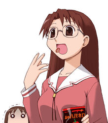  2girls artist_request azumanga_daioh&#039;s_school_uniform azumanga_daiou boukun_habanero brown_eyes brown_hair chili_pepper glasses habanero_pepper kasuga_ayumu lowres mizuhara_koyomi multiple_girls photoshop_(medium) pink_serafuku pink_shirt school_uniform serafuku shirt white_background winter_uniform 