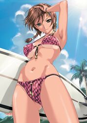  arm_up armpits ass_visible_through_thighs bikini bikini_tan blue_sky bracelet braid breasts breasts_apart brown_hair closed_mouth cloud coconut_tree cowboy_shot day female from_below front-tie_bikini_top front-tie_top game_cg green_eyes hair_between_eyes hair_over_shoulder hand_on_own_head happoubi_jin head_tilt highres hip_bones holding holding_behind_back holding_surfboard jewelry kuouzumiaiginsusutakeizumonokamimeichoujin_mika large_breasts light_rays long_hair looking_at_viewer looking_down navel outdoors palm_tree resort_boin skindentation sky smile solo standing stomach sun sunbeam sunlight surfboard swimsuit tan tanlines thighs tree twin_braids underboob 