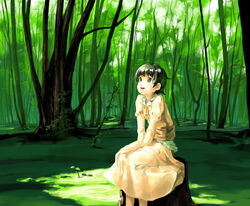  black_eyes black_hair dress female forest green_theme looking_up myu_(neorosi) nature open_mouth original outdoors short_hair sitting sitting_on_tree_stump smile solo tree tree_stump v_arms 