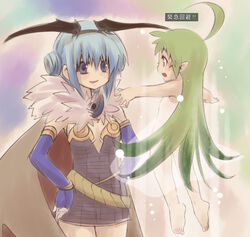  2girls :d age_difference ahoge alchemist_(ragnarok_online) armpits bare_shoulders barefoot belt belt_skirt blue_eyes blue_gloves blue_hair blush breasts center_opening cleavage convenient_censoring dress elbow_gloves eye_contact feet flat_chest floating from_side fur_trim gloves glowing green_eyes green_hair hair_between_eyes hair_censor hairband hands_on_own_hips lif_(ragnarok_online) light_particles long_hair looking_at_another multiple_girls no_bra no_panties open_mouth outstretched_arms photoshop_(medium) pink_eyes pointy_ears profile ragnarok_online short_dress short_hair sideboob sketch sleeveless sleeveless_dress small_breasts smile soles spread_arms standing translation_request very_long_hair white_dress yukian 