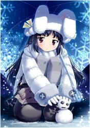  animal_ears animal_hat black_hair boots buttons coat female gloves grey_thighhighs hat kooh large_buttons long_hair pangya purple_eyes rabbit_ears rabbit_hat scarf skirt snow snowflakes snowing snowman solo squatting striped_clothes striped_thighhighs thighhighs umbrella white_gloves white_scarf yamabuki_zarame 