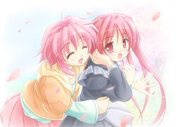  2girls :o adjusting_hair ahoge aizawa_misaki blush cherry_blossoms closed_eyes happy haruka_ni_aogi_uruwashi_no hug jacket long_hair multiple_girls nire_sumika petals photoshop_(medium) pink_eyes pink_hair short_hair skirt spring_(season) surprised tomo_no_shippo wind 