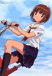  2000s_(style) absurdres antenna_hair bicycle black_socks blunt_bangs blush brown_eyes brown_hair cloud day dutch_angle female flat_chest highres kawada_tsuyoshi kibina_high_school_uniform kimi_kiss kimi_kiss_pure_rouge kneehighs looking_at_viewer looking_back megami_magazine necktie non-web_source official_art outdoors photoshop_(medium) pleated_skirt ponytail profile riding sakino_asuka scan school_uniform serafuku shirt short_hair sidelocks skirt sky smile socks solo wide_sleeves 