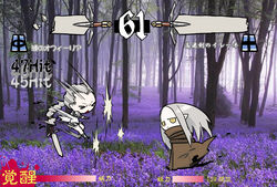  &gt;_&lt; 2girls armor artist_request braid cape chibi claymore_(series) cloak closed_eyes combo_counter duel fake_screenshot faulds fighting_game flower forest frown grey_hair holding holding_sword holding_weapon irene_(claymore) multiple_girls nature open_mouth ophelia outdoors pauldrons pointy_ears shoulder_armor single_braid sword tree vambraces weapon yellow_eyes 