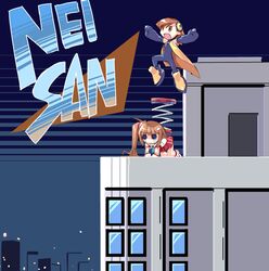  2girls :d bent_over brown_hair building cityscape ein_(long_cake) full_body gadget_trial izen_(gadget_trial) jumping mega_man_(classic) mega_man_(series) multiple_girls nei_(gadget_trial) open_mouth outdoors parody pleated_skirt red_skirt rooftop sailor_collar school_uniform serafuku short_hair skirt smile spring_(object) twintails 