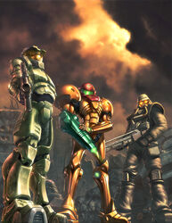  2boys aiming aiming_at_viewer arm_cannon armor assault_visor at_gunpoint barbed_wire boots building bullet_hole cloud commentary covered_face crossover english_commentary eric_vedder female full_armor gas_mask gloves glowing glowing_eyes green_visor gun halo_(series) helghast helmet highres holding holding_gun holding_own_arm holding_weapon killzone knee_pads looking_at_viewer looking_up m7 mask master_chief metroid multiple_boys multiple_crossover narrow_waist orange_visor outdoors pouch rifle ruins samus_aran science_fiction shiny signature spartan_(halo) sta52 standing submachine_gun sunset trigger_discipline udon_entertainment varia_suit weapon 