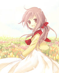  bow brown_eyes brown_hair day dress female flower hairbow long_hair matsuzawa_hajime original outdoors sky solo 