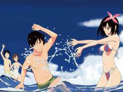  2boys 2girls ;d arm_up bikini black_hair breasts brown_hair casual_one-piece_swimsuit cleavage cloud day flower glasses grin hair_flower hair_ornament hairclip highres ishihama_masashi leaning leg_lift male_swimwear medium_breasts midorikawa_nanako multiple_boys multiple_girls nakahara_misaki navel nhk_ni_youkoso! ocean official_art official_wallpaper one-piece_swimsuit one_eye_closed open_mouth outdoors outstretched_arms satou_tatsuhiro short_hair side-tie_bikini_bottom sideboob sky smile splashing spread_arms standing striped_bikini striped_clothes swim_trunks swimsuit thigh_gap topless_male vertical-striped_bikini vertical-striped_clothes wading water waving wet white_one-piece_swimsuit wince yamazaki_kaoru 