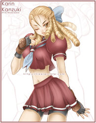  blonde_hair character_name crop_top female fingerless_gloves gloves hair_pulled_back kanzuki_karin midriff miniskirt neolucky one_eye_closed photoshop_(medium) red_sailor_collar ringlets sailor_collar school_uniform shorts shorts_under_skirt skirt solo street_fighter street_fighter_zero_(series) 